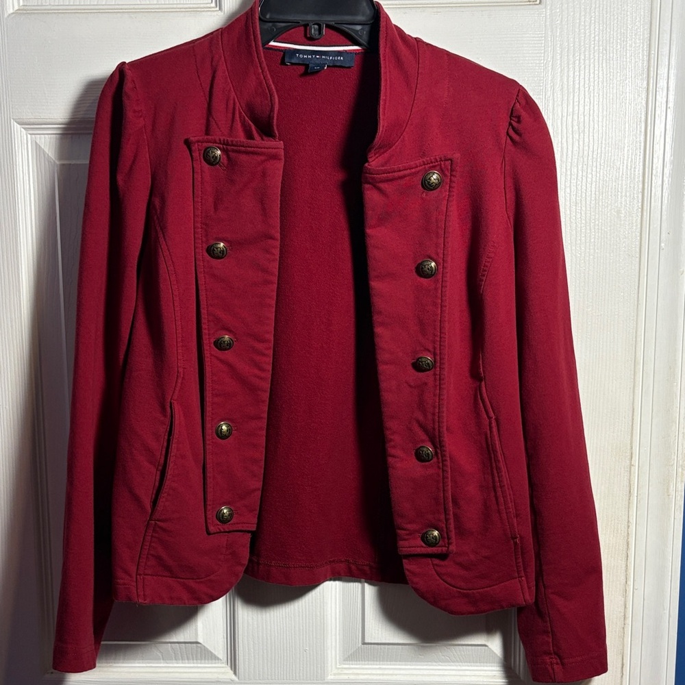 Tommy Hilfiger Women's Short Maroon Red Military Blazer Small